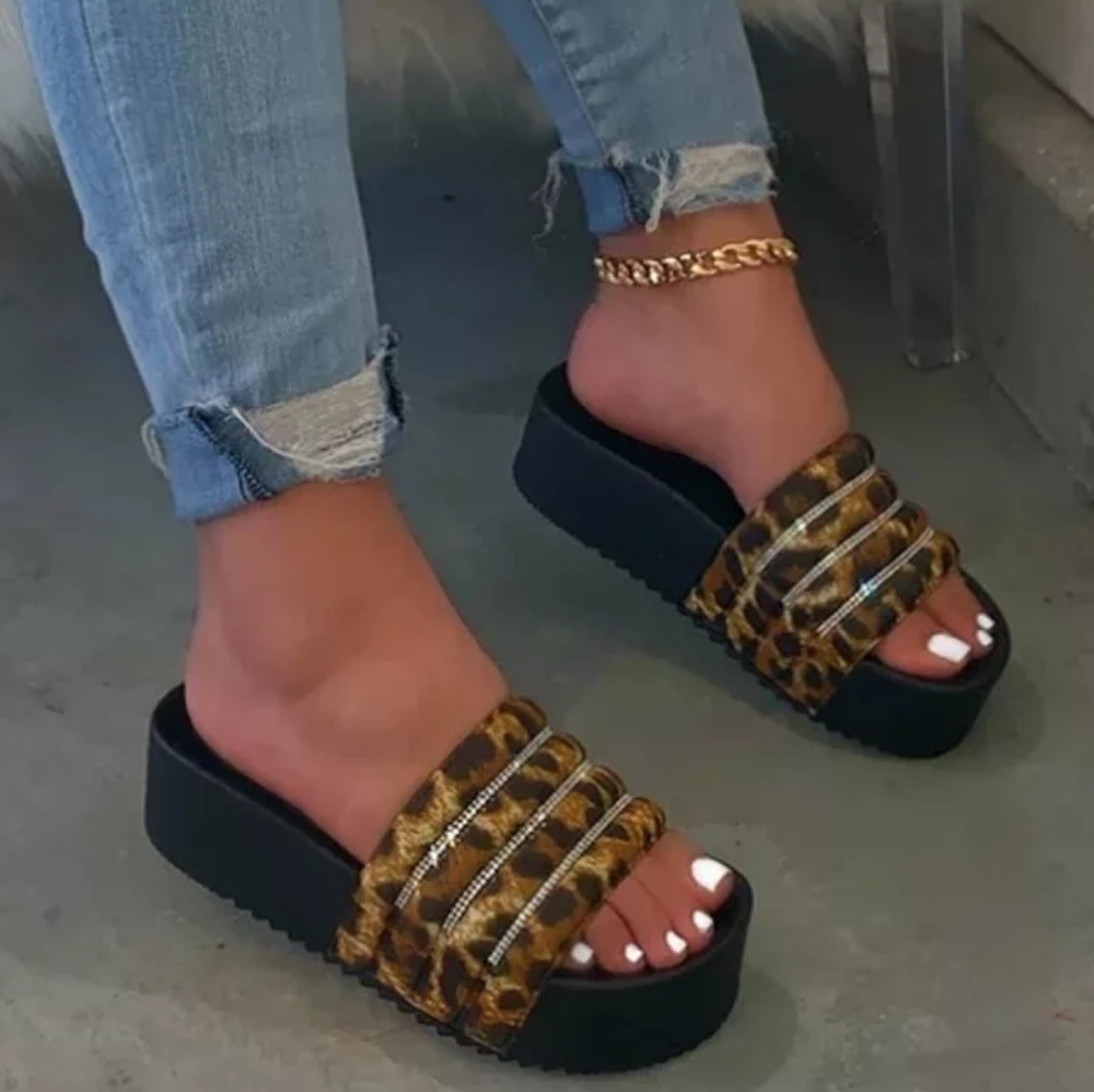 Women wedge Heels Leopard Grain Diamond Sandals